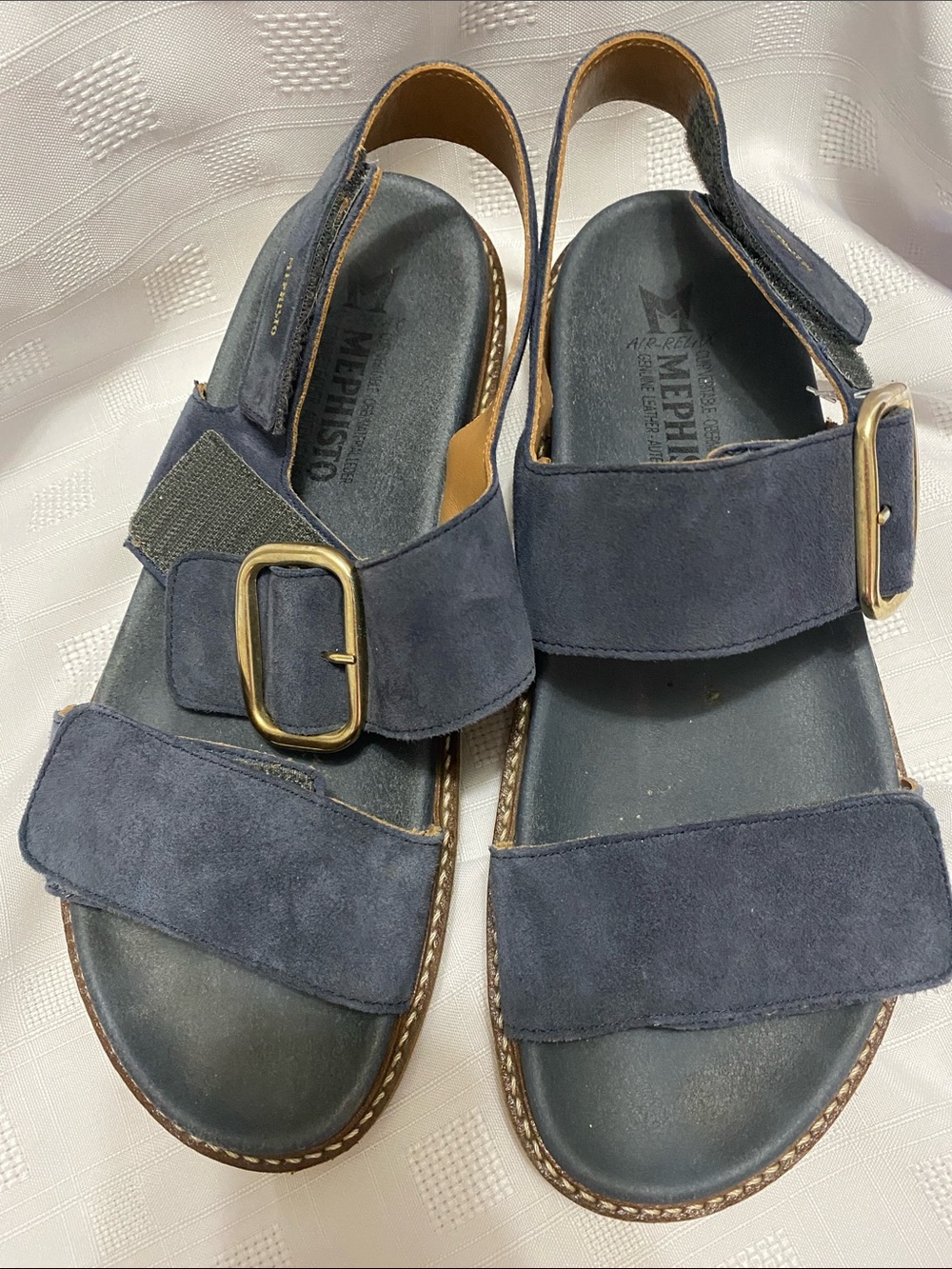 Mephisto Navy Suede Slingback Sandals with Gold Buckles 39